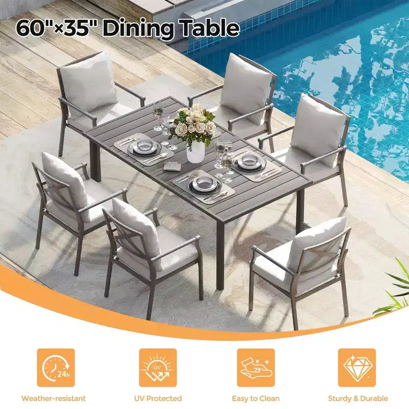 HAPPATIO Patio Dining Set, Outdoor Table and Chairs Set, Powder-Coated Metal Chairs with Cushions, Table with Umbrella Hole for Deck Backyard Lawn