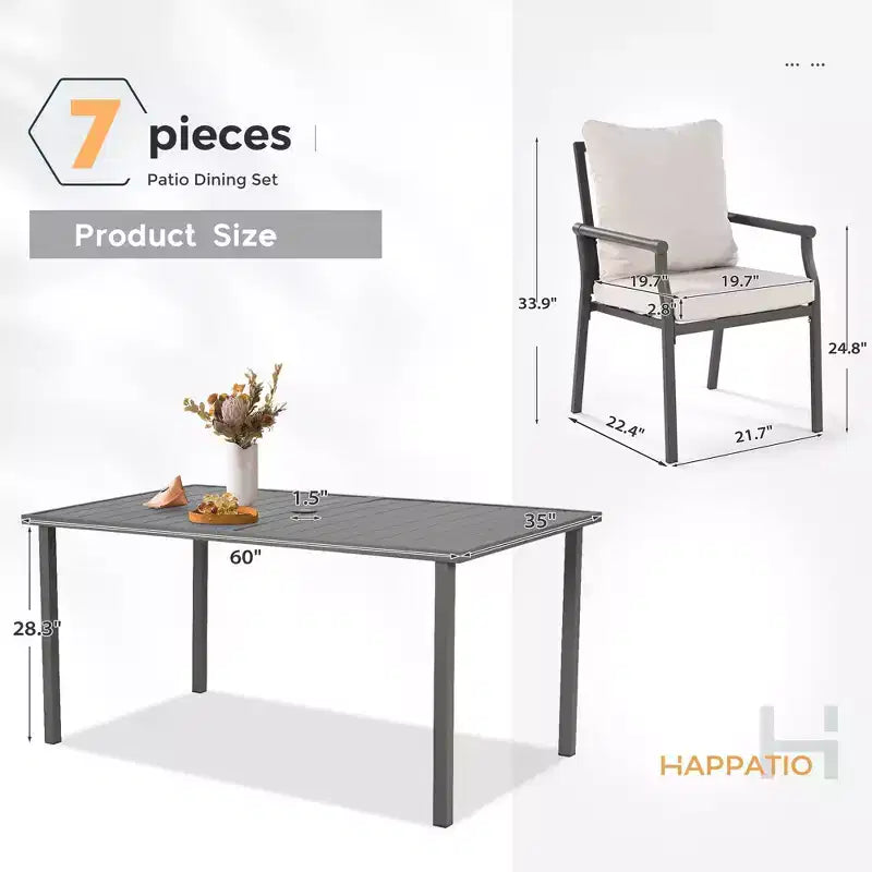 HAPPATIO Patio Dining Set, Outdoor Table and Chairs Set, Powder-Coated Metal Chairs with Cushions, Table with Umbrella Hole for Deck Backyard Lawn