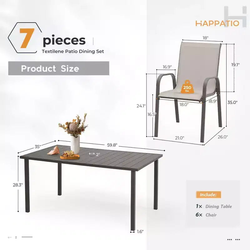 HAPPATIO Outdoor Patio Dining Set, Textilene Dining Chairs and Dining Table with Umbrella Hole, Stackable Chairs for Garden, Patio and Poolside