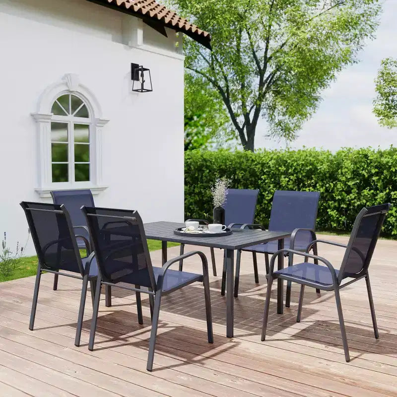 HAPPATIO Outdoor Patio Dining Set, Textilene Dining Chairs and Dining Table with Umbrella Hole, Stackable Chairs for Garden, Patio and Poolside