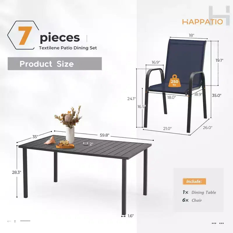 HAPPATIO Outdoor Patio Dining Set, Textilene Dining Chairs and Dining Table with Umbrella Hole, Stackable Chairs for Garden, Patio and Poolside