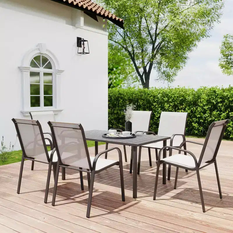 HAPPATIO Outdoor Patio Dining Set, Textilene Dining Chairs and Dining Table with Umbrella Hole, Stackable Chairs for Garden, Patio and Poolside