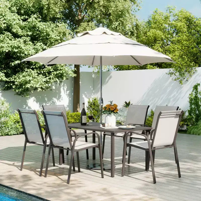 HAPPATIO Outdoor Patio Dining Set, Textilene Dining Chairs and Dining Table with Umbrella Hole, Stackable Chairs for Garden, Patio and Poolside