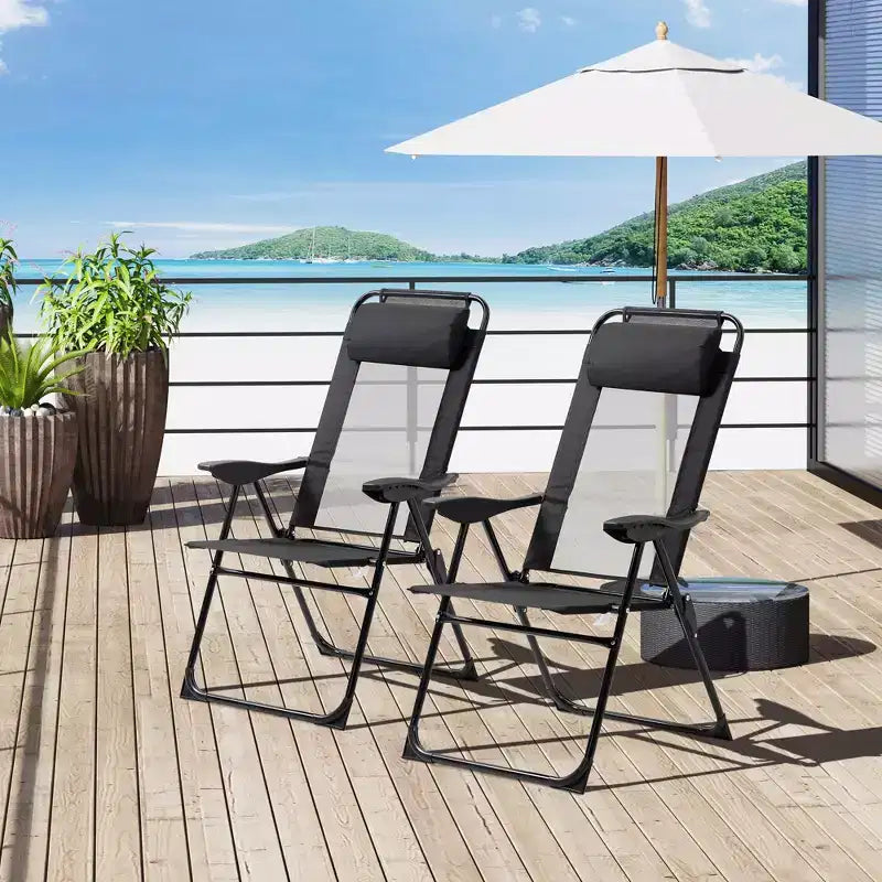 Folding Patio Dining Chairs Set of 2, Outdoor Deck Chair with Adjustable Sling Back, Camping Chair with Removable Headrest for Garden, Backyard,Black