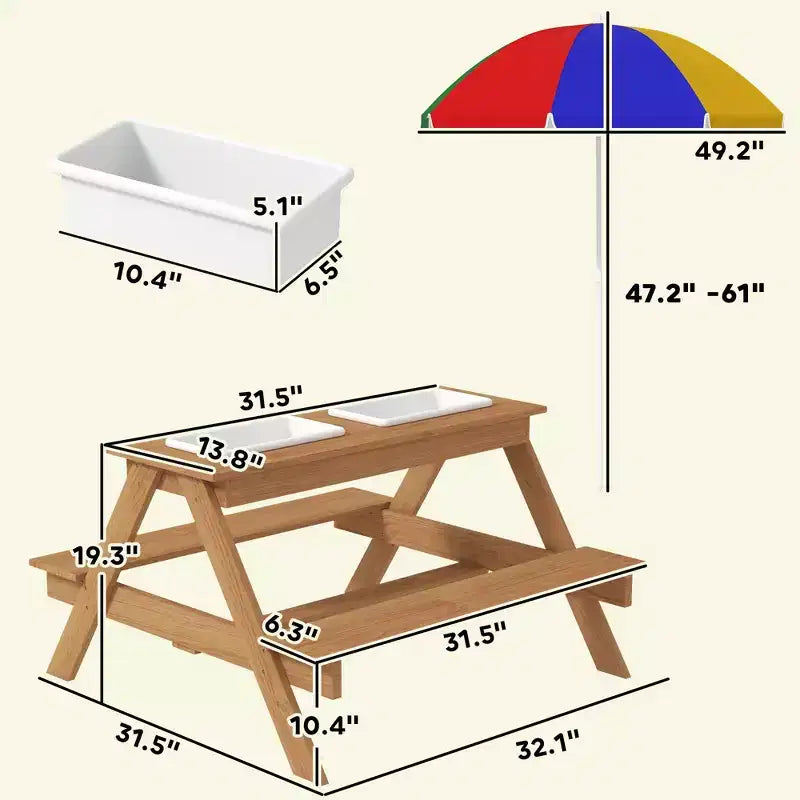 Wooden Outdoor Kids Picnic Table with Removable Umbrella, Children Sand and Water Activity Table for Patio, Mixed Color