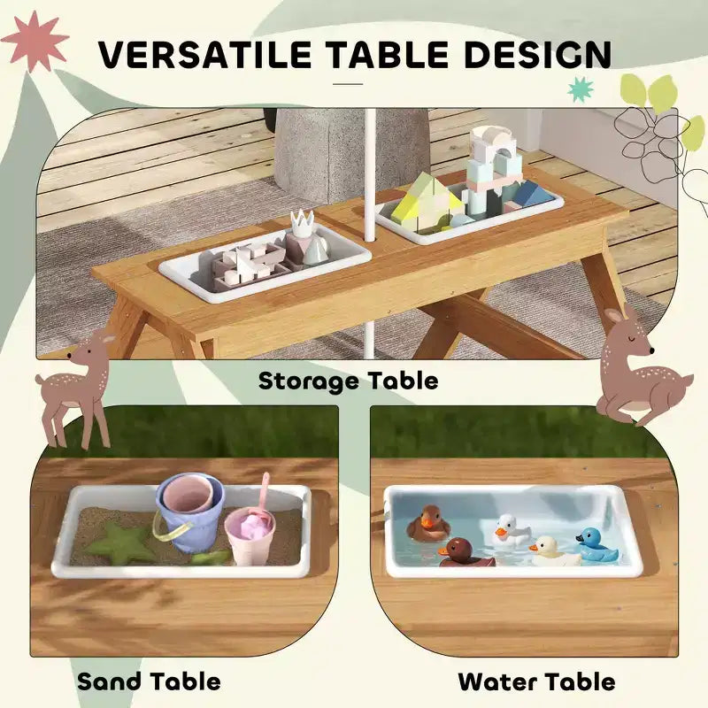 Wooden Outdoor Kids Picnic Table with Removable Umbrella, Children Sand and Water Activity Table for Patio, Mixed Color