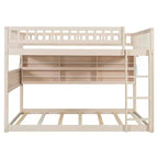 Letto a castello moderno Full-Over-Full basso con contenitore, mensole illuminate e pannello forato
