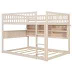 Letto a castello moderno Full-Over-Full basso con contenitore, mensole illuminate e pannello forato
