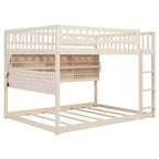 Letto a castello moderno Full-Over-Full basso con contenitore, mensole illuminate e pannello forato
