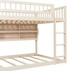 Letto a castello moderno Full-Over-Full basso con contenitore, mensole illuminate e pannello forato
