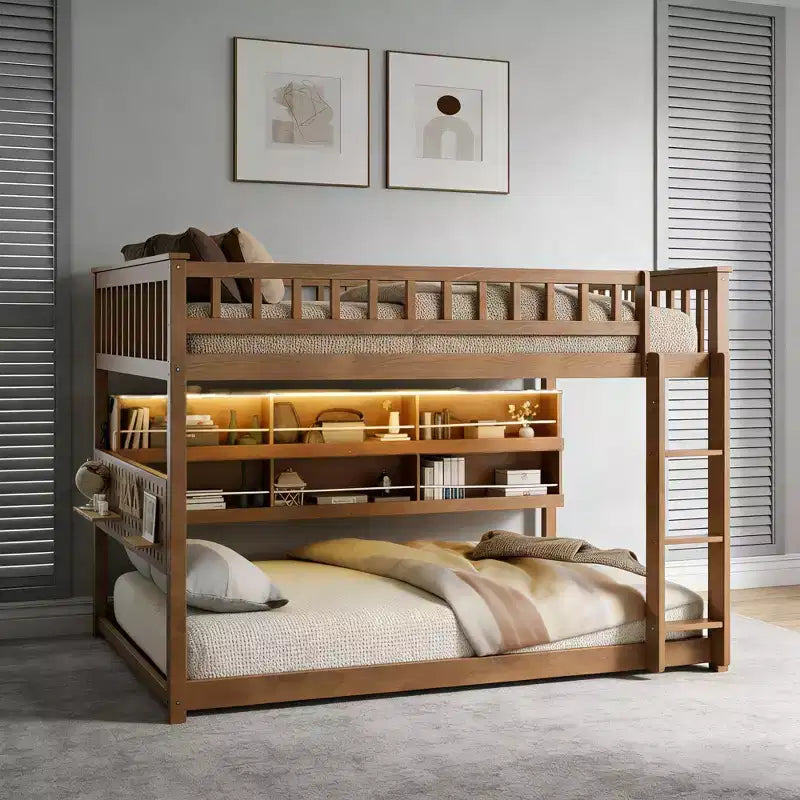 Letto a castello moderno Full-Over-Full basso con contenitore, mensole illuminate e pannello forato