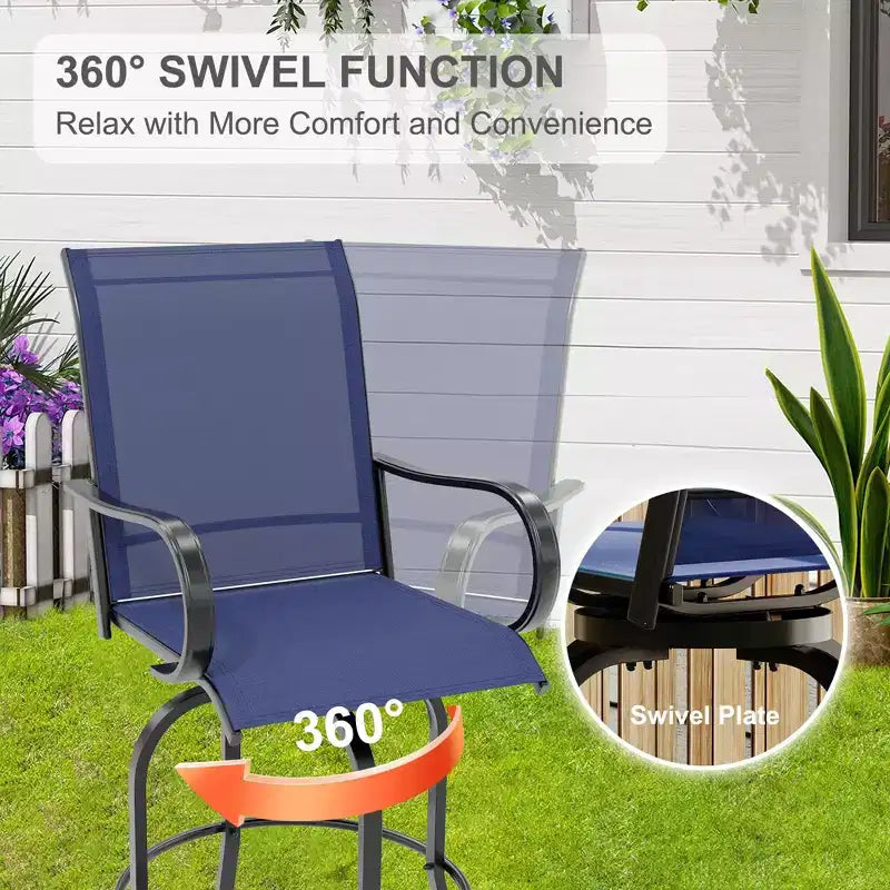 5 Piece Patio Bar Furniture Set Swivel Stools Glass Top Table Blue Textilene, All Weather Textilene High Swivel Bar Stools Chair Set