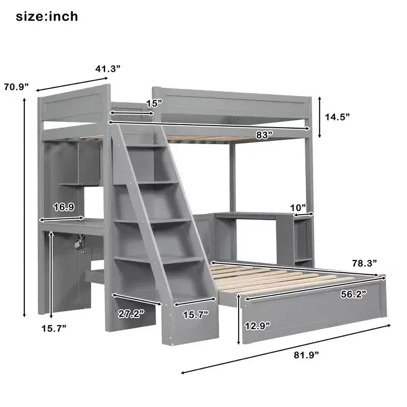 Struttura letto a castello Twin XL su Full con scrivania e USB
