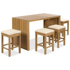 Whisen 5-Piece Outdoor Patio Furniture Set Acacia Wood Bar Set with Bar Height Table, 4 Stools and Cushions