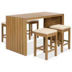 Whisen 5-Piece Outdoor Patio Furniture Set Acacia Wood Bar Set with Bar Height Table, 4 Stools and Cushions