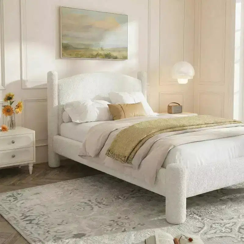 Struttura Letto King Size, Struttura Letto in Bouclé con Testiera, Struttura Letto a Piattaforma Morbida Imbottita con Angoli Arrotondati, Nessuna Molla Richiesta, Facile Montaggio