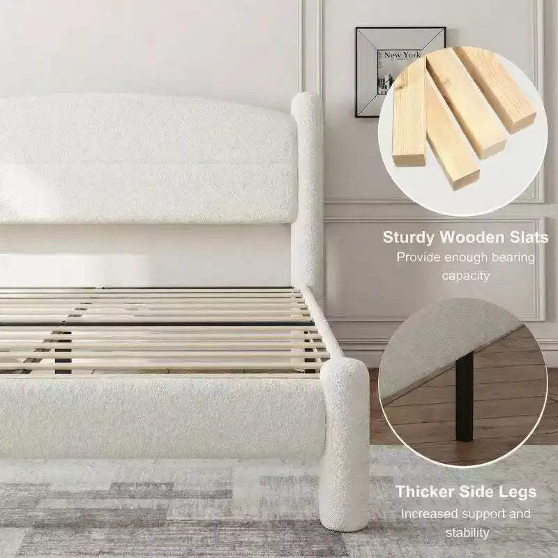 Struttura Letto King Size, Struttura Letto in Bouclé con Testiera, Struttura Letto a Piattaforma Morbida Imbottita con Angoli Arrotondati, Nessuna Molla Richiesta, Facile Montaggio