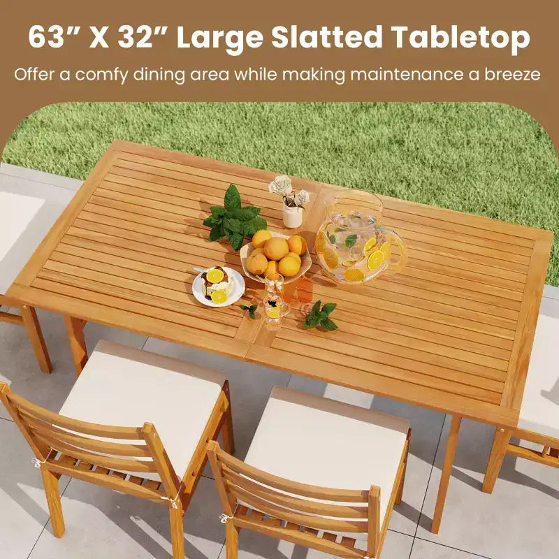 Gymax 6PCS Patio Acacia Wood Dining Set w/Bench 1.97 Umbrella Hole Cushions for Yard