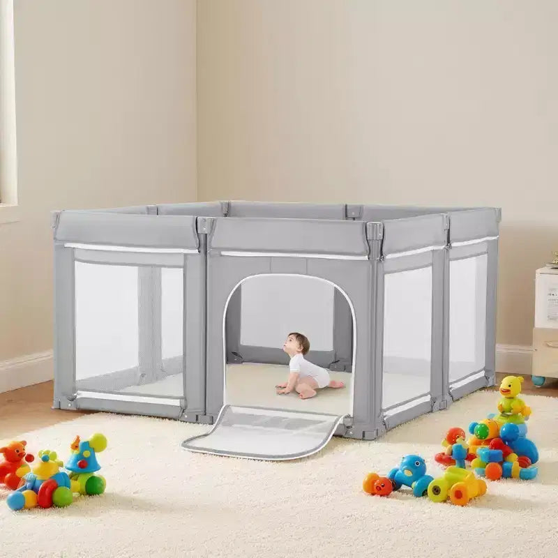 Box per bambini, box extra large 200 x 178 cm per neonati e bambini, recinzione pieghevole con porta a cerniera e rete morbida e traspirante, grigio