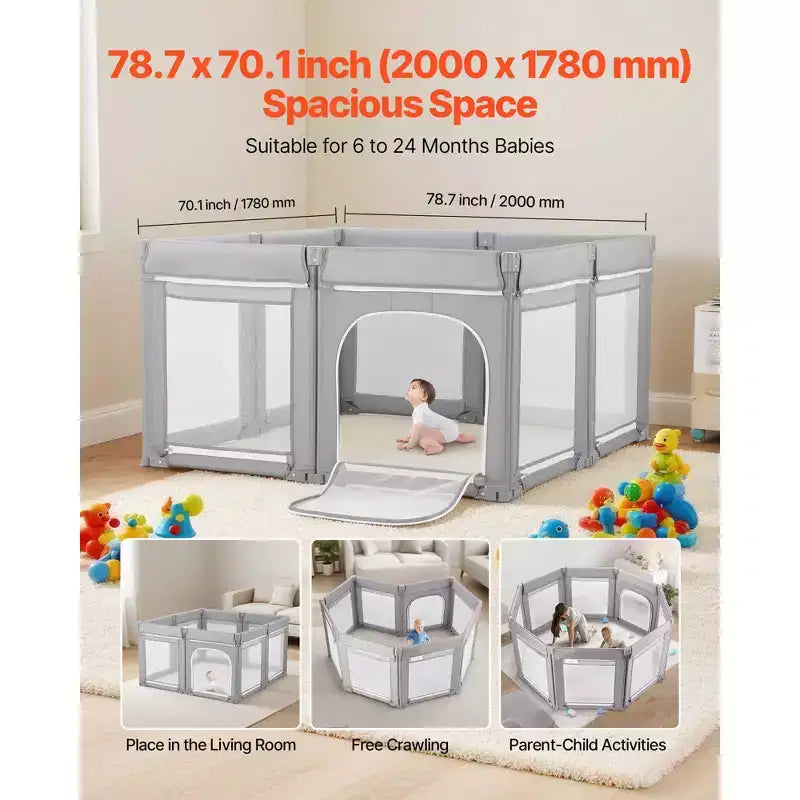 Box per bambini, box extra large 200 x 178 cm per neonati e bambini, recinzione pieghevole con porta a cerniera e rete morbida e traspirante, grigio