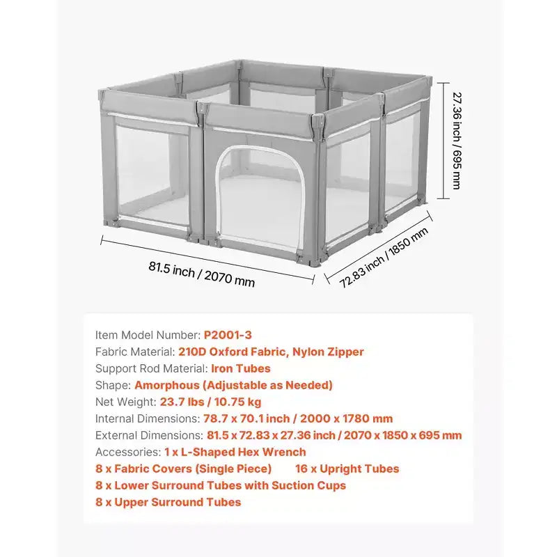 Box per bambini, box extra large 200 x 178 cm per neonati e bambini, recinzione pieghevole con porta a cerniera e rete morbida e traspirante, grigio