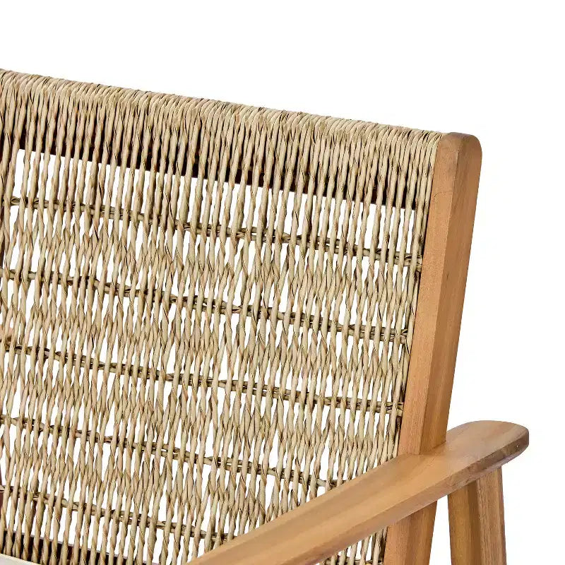 Christopher Knight Home Nadi Farmhouse Acacia Wood Upholstered Dining Set with 6 Wicker Backrest Chairs and Slatted Tabletop