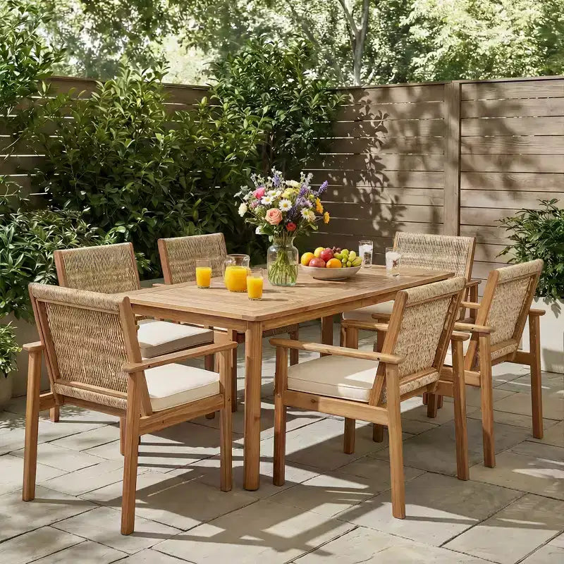 Christopher Knight Home Nadi Farmhouse Acacia Wood Upholstered Dining Set with 6 Wicker Backrest Chairs and Slatted Tabletop