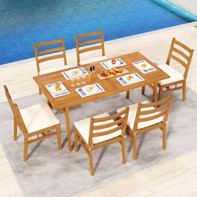 Ensemble de salle à manger 7 pièces Gymax en bois d'acacia pour terrasse avec trou pour parasol de 5 cm et coussins pour jardin