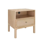 Comodino in Rattan con Scomparto, 1 Cassetto, Presa Elettrica e Manopola in Ottone