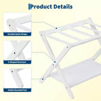 Portavaligie Pieghevole in Bambù con Scaffale a 2 Ripiani, Supporto per Valigie Bianco, Regge 50 kg, Organizzatore da Viaggio Salvaspazio