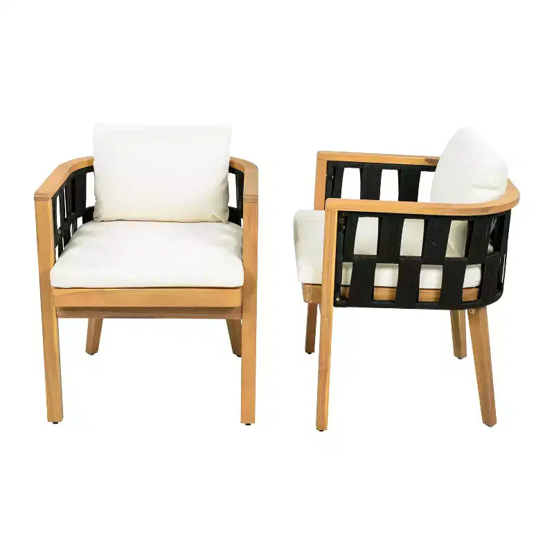 ModernLuxe Acacia Wood Patio Dining Set, Outdoor Dining Table and 4 Woven Rope Armchairs with Cream Cushions, Teak+Black
