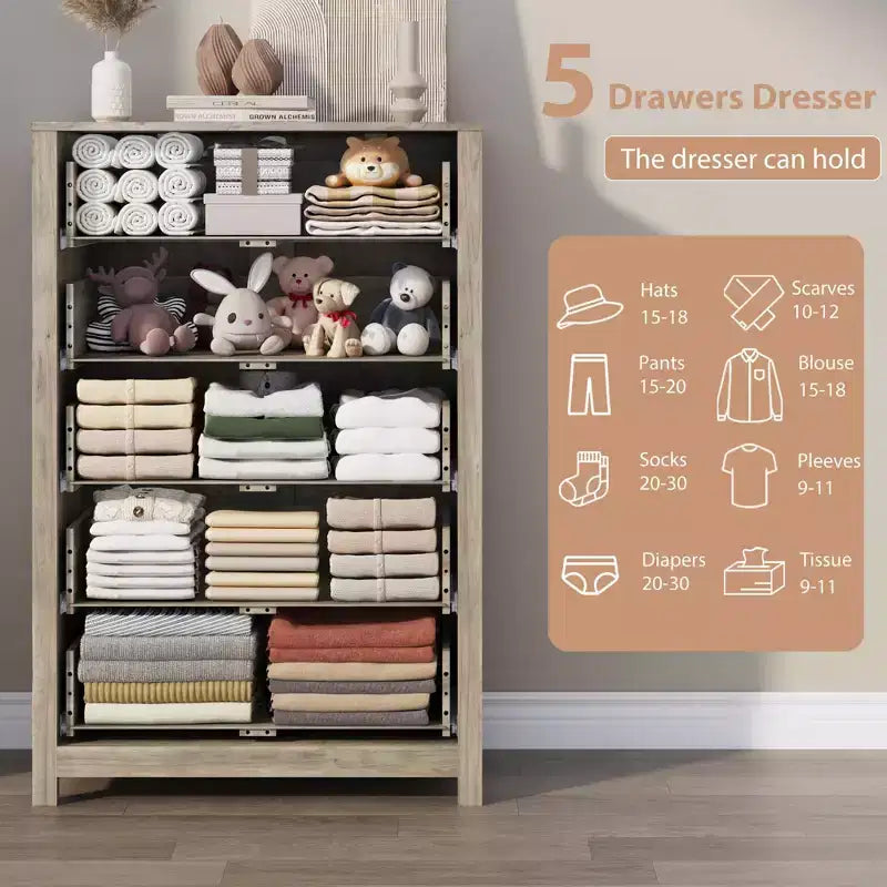 Cassettiera in Legno a 5 Cassetti per Camera da Letto, Comò Moderno Semplice con Cassetti Profondi per Soggiorno, Corridoio, Ingresso