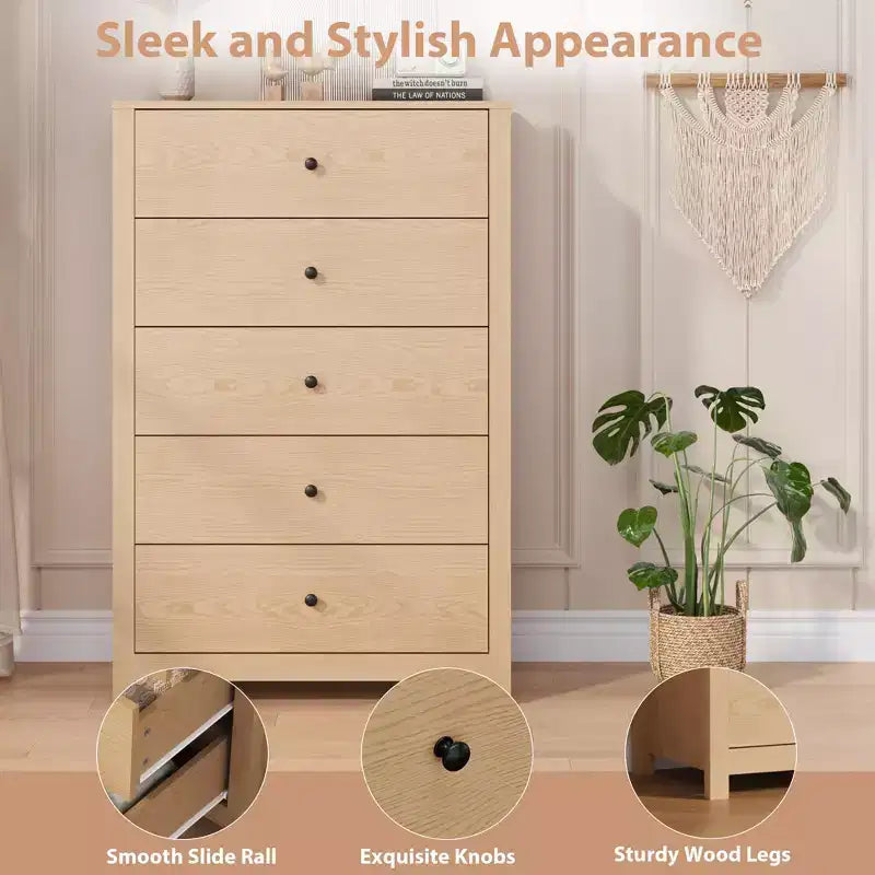 Cassettiera in Legno a 5 Cassetti per Camera da Letto, Comò Moderno Semplice con Cassetti Profondi per Soggiorno, Corridoio, Ingresso