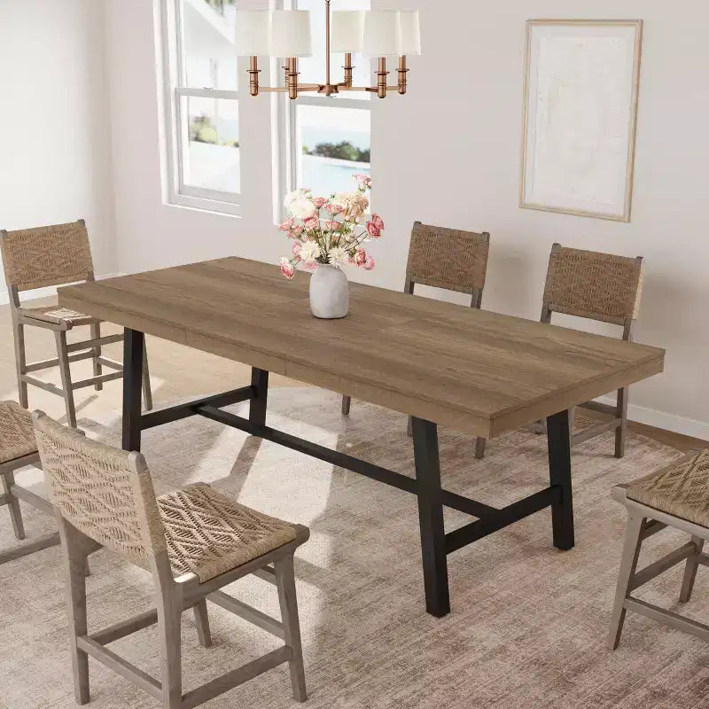 Tavolo da pranzo allungabile da 63-83 pollici, tavolo da pranzo rettangolare industriale per 6-8 persone, tavolo da cucina allungabile con struttura in metallo resistente