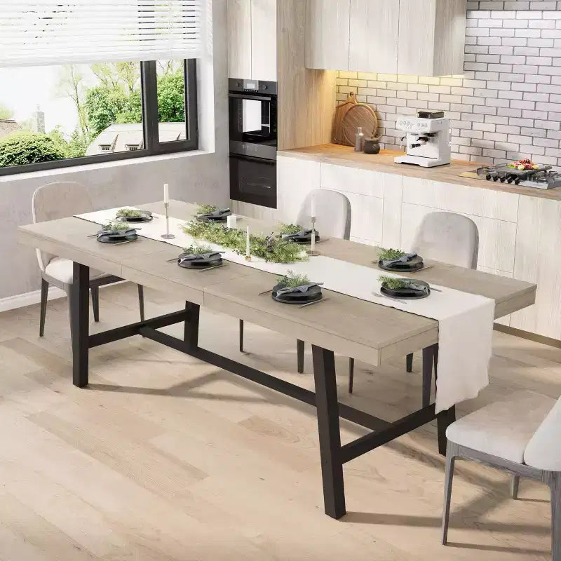 Tavolo da pranzo allungabile da 63-83 pollici, tavolo da pranzo rettangolare industriale per 6-8 persone, tavolo da cucina allungabile con struttura in metallo resistente