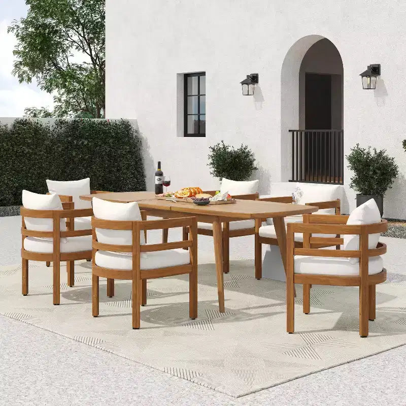 Christopher Knight Home Bennett Patio Rustic 7-Piece Acacia Wood Expandable Dining Table and Chairs Set with Cushions