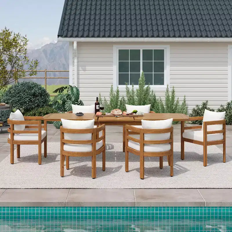 Christopher Knight Home Bennett Patio Rustic 7-Piece Acacia Wood Expandable Dining Table and Chairs Set with Cushions