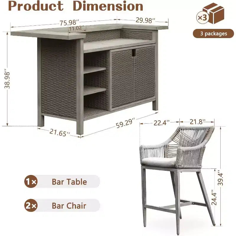 GDFStudio Viviane Farmhouse Patio 3 Piece Wicker Aluminum Bar Table Cabinet with Counter Height Stools