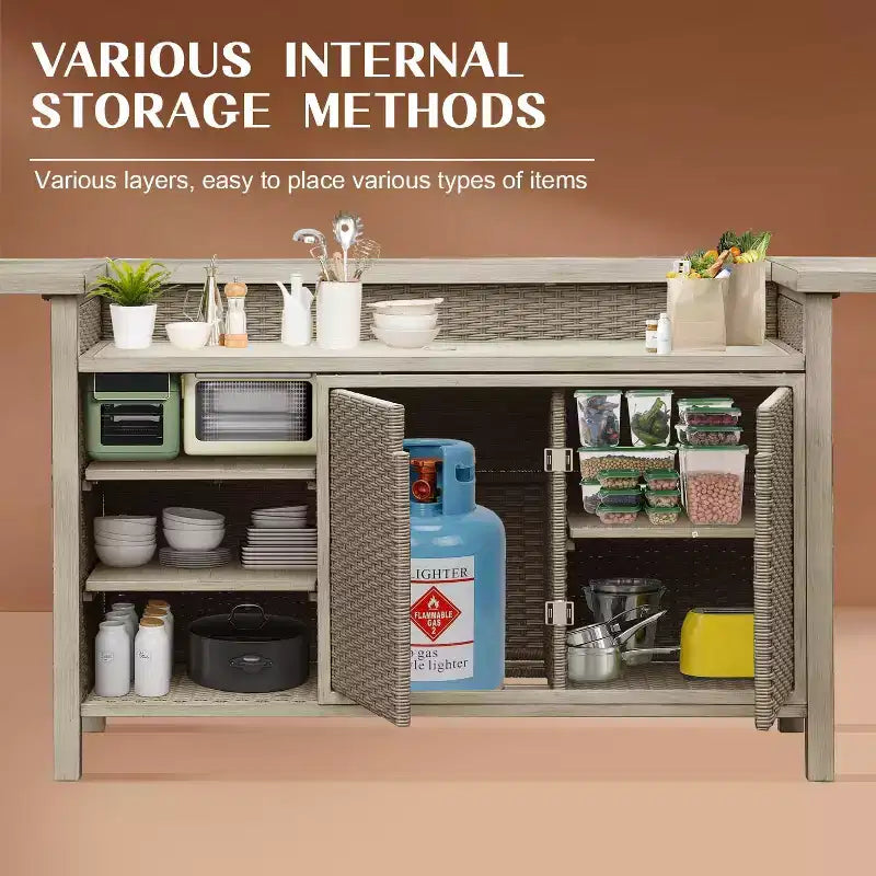 GDFStudio Viviane Farmhouse Patio 3 Piece Wicker Aluminum Bar Table Cabinet with Counter Height Stools