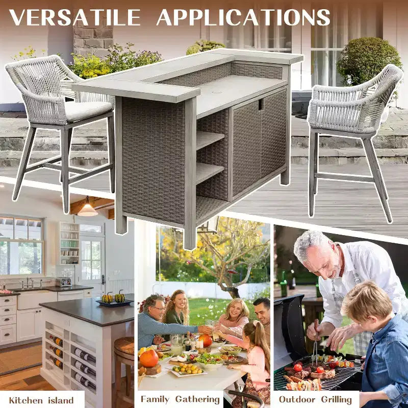 GDFStudio Viviane Farmhouse Patio 3 Piece Wicker Aluminum Bar Table Cabinet with Counter Height Stools
