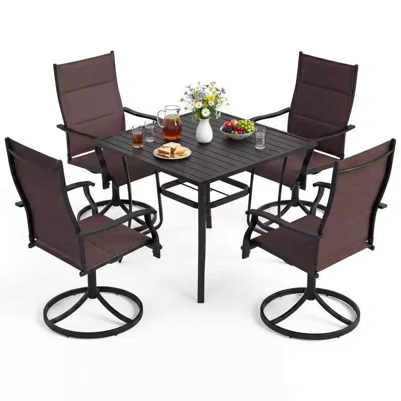 Costway 5PCS Outdoor Dining Set, 4 Swivel Chairs & Square Patio Table with Umbrella Hole Black + Brown/Black