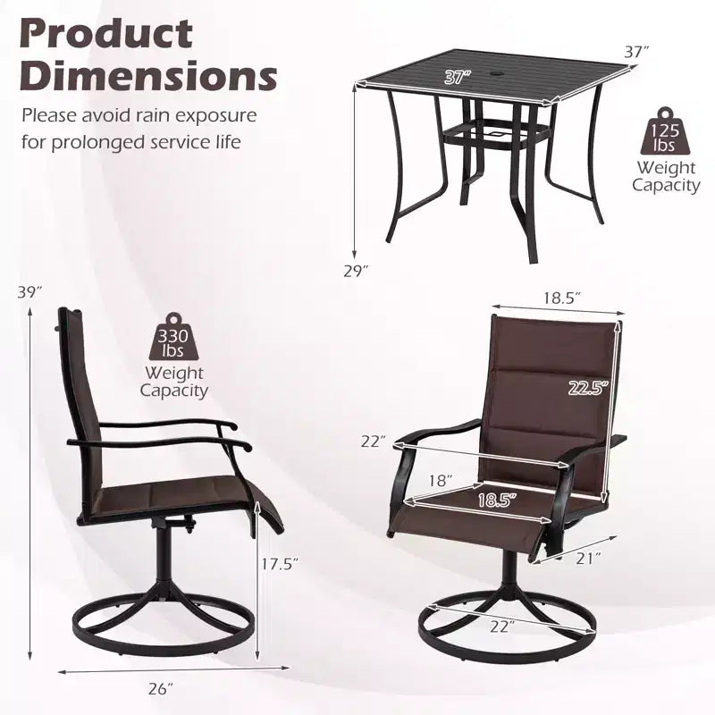 Costway 5PCS Outdoor Dining Set, 4 Swivel Chairs & Square Patio Table with Umbrella Hole Black + Brown/Black