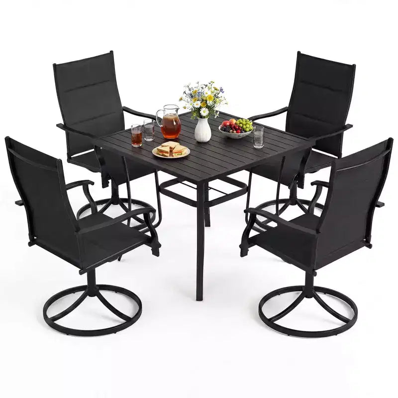 Costway 5PCS Outdoor Dining Set, 4 Swivel Chairs & Square Patio Table with Umbrella Hole Black + Brown/Black