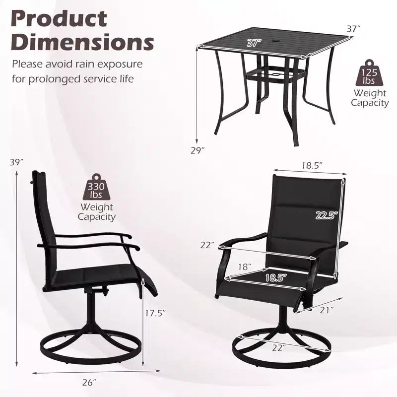 Costway 5PCS Outdoor Dining Set, 4 Swivel Chairs & Square Patio Table with Umbrella Hole Black + Brown/Black