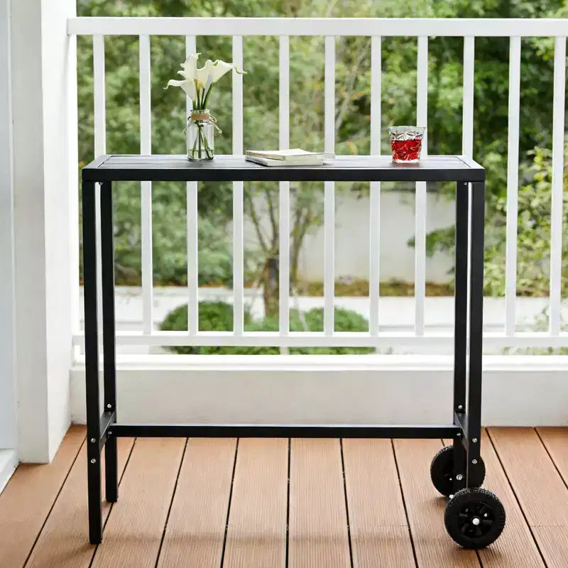 Mobile Outdoor Bar Table with Wheels, Waterproof Metal Slatted Top, Counter Height Table for Patio, Poolside, Yard & Kitchen