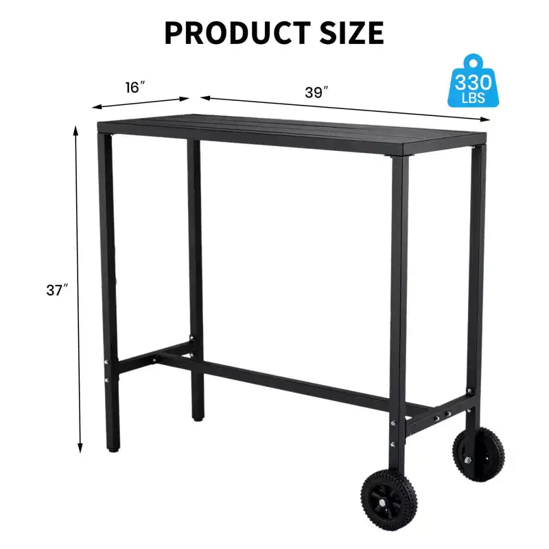 Mobile Outdoor Bar Table with Wheels, Waterproof Metal Slatted Top, Counter Height Table for Patio, Poolside, Yard & Kitchen