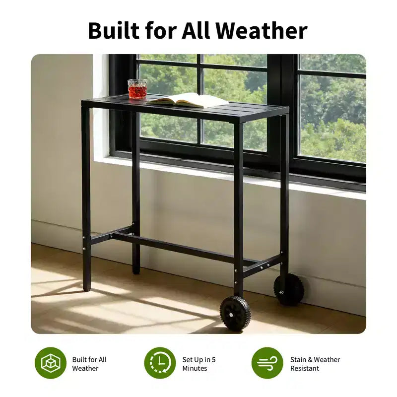Mobile Outdoor Bar Table with Wheels, Waterproof Metal Slatted Top, Counter Height Table for Patio, Poolside, Yard & Kitchen