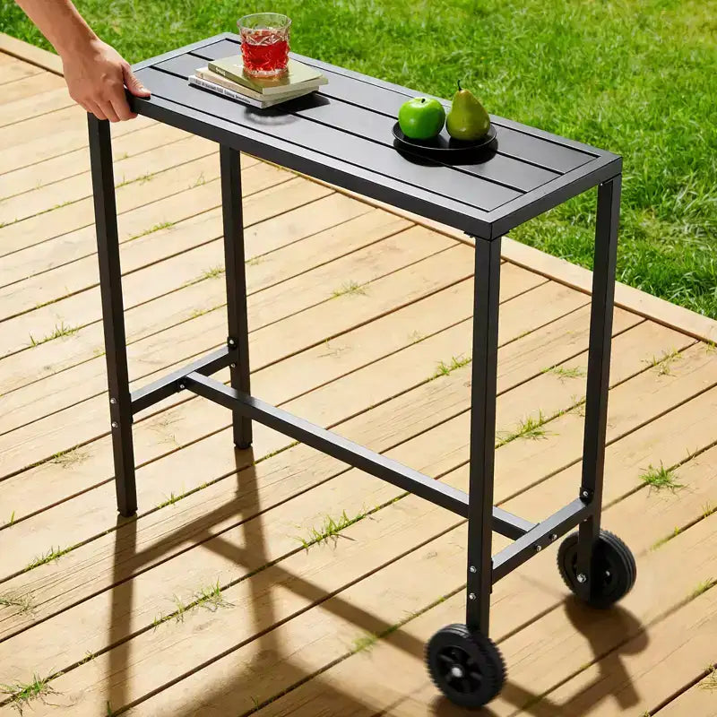 Mobile Outdoor Bar Table with Wheels, Waterproof Metal Slatted Top, Counter Height Table for Patio, Poolside, Yard & Kitchen