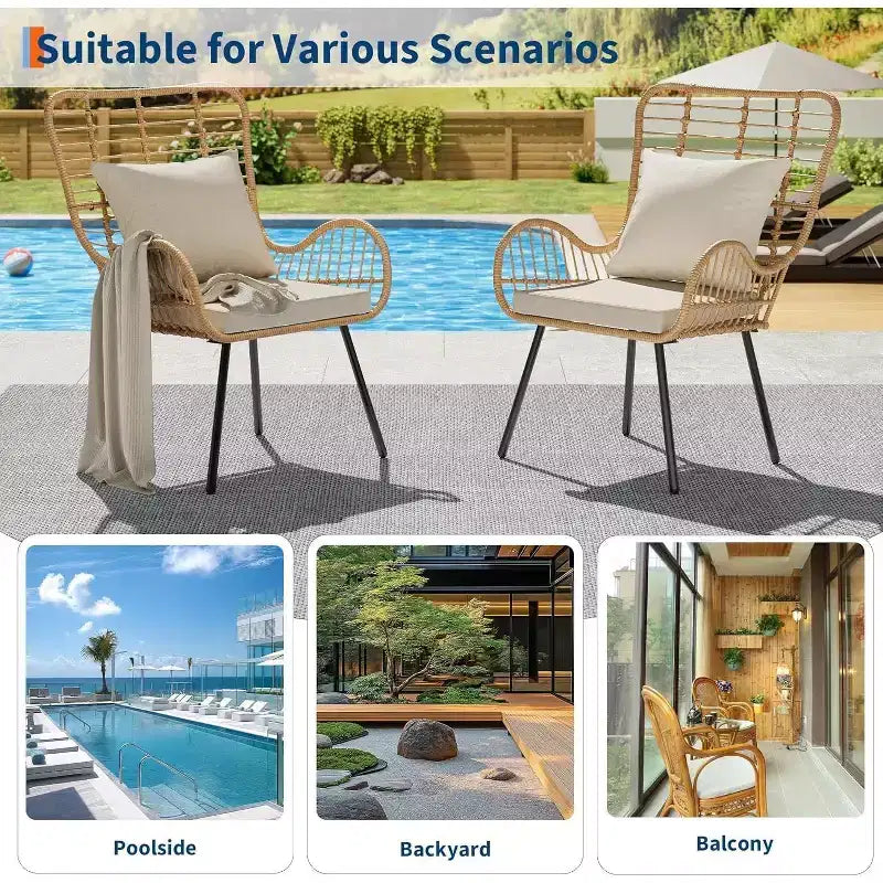 Wicker Patio Chairs Set of 4, Outdoor Rattan Furniture with Cushions & Pillows, Boho Patio Chairs for Porch, Garden, All-Weather, Easy Assembly