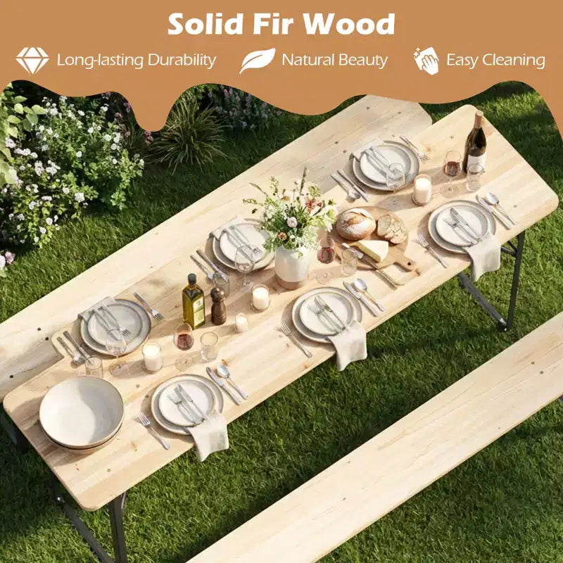 Costway 3-Piece Folding Picnic Table with Benches for 6,Fir Wood&Metal Frame for Patio